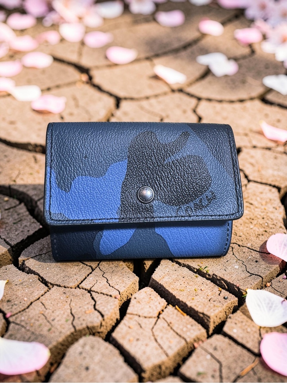 COACH Card & Coin Case With Camo Print Blue Black Pebbled Leather Snap Closure !